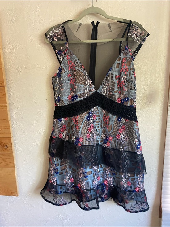 Self-Portrait Dresses & Skirts - Self-Portrait Black Mesh Mini Dress with Multicolor Floral Embroidery